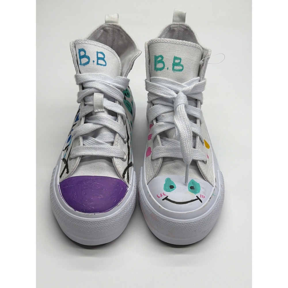 Wonder Nation Kids High Top Sneakers White Hand Painted DIY Smiley Size 4 New‎